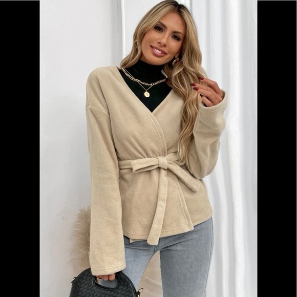 Beige Medium Fleece  Wrap Tie Jacket - Picture 3 of 12